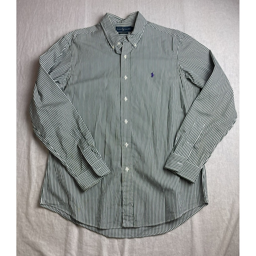 Ralph Lauren Green White Mens L Custom Fit Blue Pony Striped Button Down Shirt